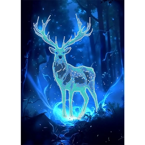 DIY diamond painting kit featuring a glowing blue reindeer in a mystical forest