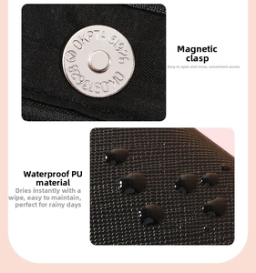 Close-up of waterproof litchi grain PU leather and silver magnetic clasp on jewelry bag