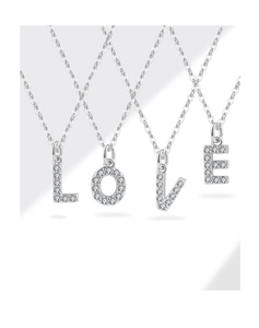 Detail of four S925 silver necklaces with zircon-studded L-O-V-E letter pendants