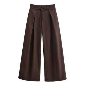 Pantaloni A Vita Alta E Gamba Larga Da Donna Con Cintura Coordinata Marrone Tinta Unita Elegante Ufficio Poliestere Pieghettati