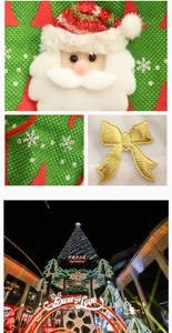 Detailed view of Christmas bag featuring 3D Santa doll, green sequins and gold embroidery