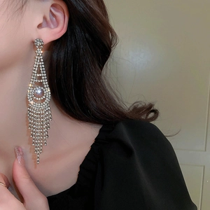 Detail view of long silver tassel earrings with sparkling rhinestones on a model