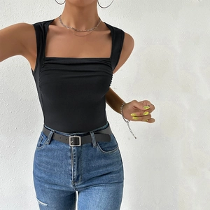 Detail of square neck sleeveless ribbed knit bodysuit showing slim fit and waistline