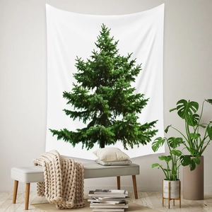 Detail of bohemian tapestry featuring a realistic green pine tree on a white polyester fabric