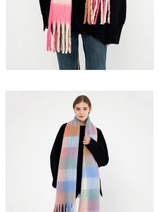 Detail of soft multi-colored plaid scarf with fringe tassels on studio model