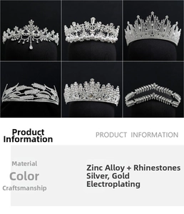 Detailed view of silver and gold bridal tiaras with rhinestones in various crown designs