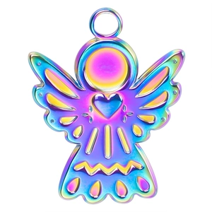 Detailed macro view of an angel pendant featuring rainbow plated finish and hollowed wings