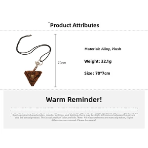 Detail view of plush brown triangle pendant necklace with size specs and dimensions