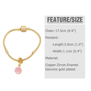 Detail view of 18k gold plated bracelet with pink daisy pendant and product dimensions