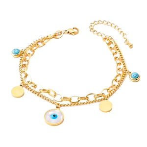 Double-layered gold stainless steel bracelet with blue evil eye and round shell pendants