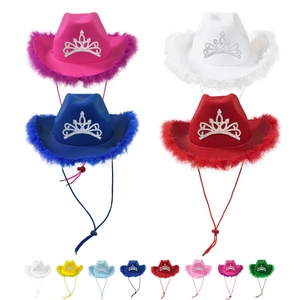 Western Cowboy Hat With Rhinestone Tiara Crown And Feather Trim Party Costume Decor Adjustable Strap For Women Girls