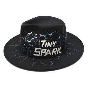 Black wool fedora hat with Tiny Spark embroidery and blue lightning bolt patterns