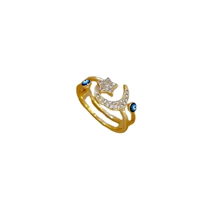 Gold plated open ring featuring micro-pave star moon and evil eye charms on white background