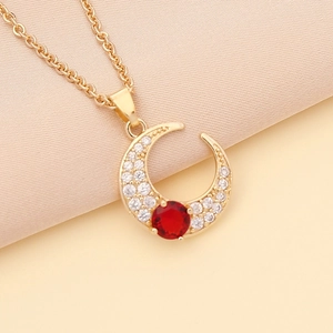 Gold moon necklace with colorful zircon pendant and red stone on minimalist chain