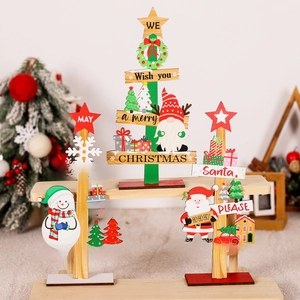 Three-piece set of wooden Christmas desktop ornaments featuring snowman and Santa designs