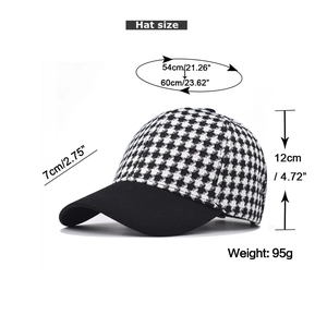 Detailed size guide for houndstooth baseball cap with measurements in inches and cm