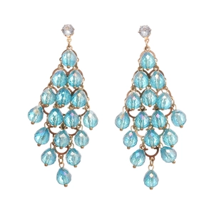Elegante goldene Kronleuchter-Ohrringe mit blauen Tropfenkristallen und Edelstein-Akzenten