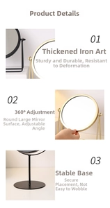 Detail of 360-degree rotating iron vanity mirror with a stable base in gold and black
