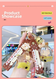 Detail of liquid bubble tea keychain with cute bear inside and silicone wrist strap