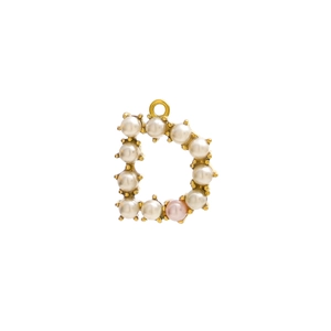 Detail of letter D pendant in gold plating featuring white and pink pearls