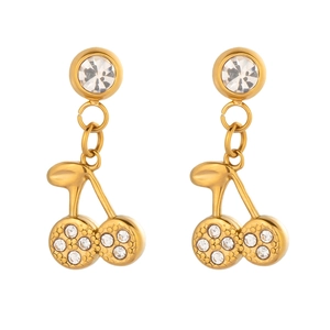 Gold cherry stud earrings with inlaid crystal rhinestones and stainless steel finish