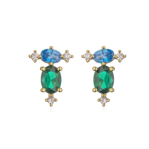Elegant gold earrings with green and blue crystals in a classical sunflower style