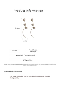 Detailed size and material specs for pearl tassel drop earrings with silver needle