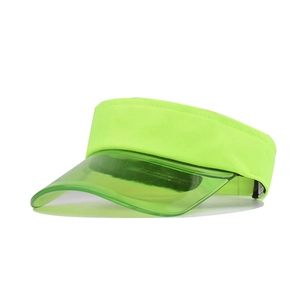 Détail d'une visière pare-soleil vert fluo avec bord transparent et bandeau en tissu