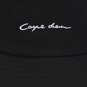 Retro black cotton bucket hat featuring white Carpe Diem embroidery with sun protection