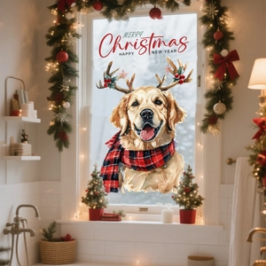 Christmas window sticker featuring a watercolor Golden Retriever with reindeer antlers