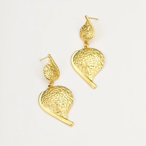 Detailed view of golden teardrop earrings with textured hammered finish and leaf shape