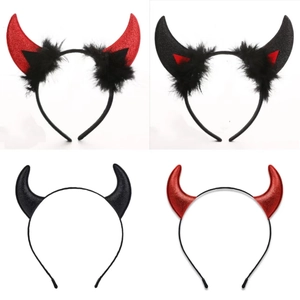 Halloween devil horn headbands in red and black colors with sequins and plush details