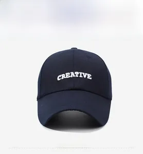 Detailed front view of navy blue baseball cap with white CREATIVE embroidery