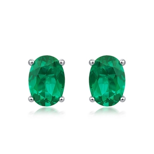 Oval emerald stud earrings in S925 sterling silver with four-prong setting