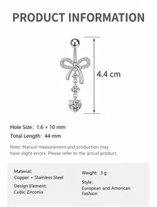 Detailed chart showing 44mm length bow belly ring with zircon heart and size specs