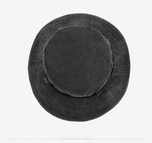 Top view of washed charcoal bucket hat with reinforced stitching and breathable eyelets