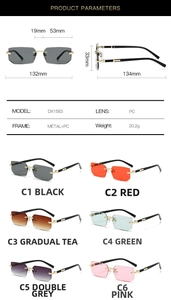 Detailed size specifications for rimless rectangular sunglasses featuring metal temples