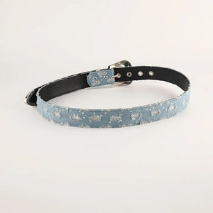Detail of light blue denim belt featuring silver sequins and vintage distressed texture