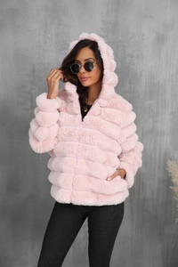 Detailed texture of pink faux fur jacket featuring horizontal stripe stitching and soft hood