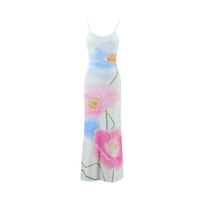 Detail of floral print on summer backless dress with pink and blue poppy patterns