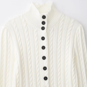 White cable-knit cardigan with black buttons and high collar for women