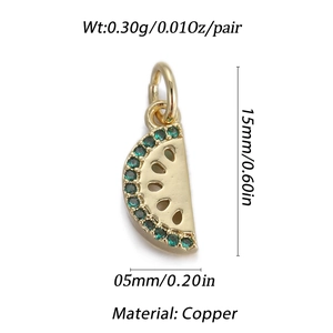 Detail showing dimensions of watermelon shaped 14k gold plated copper pendant with green gems