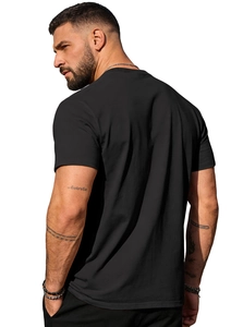 Rear view of slim fit black cotton t-shirt for men showing high-quality fabric and stitching