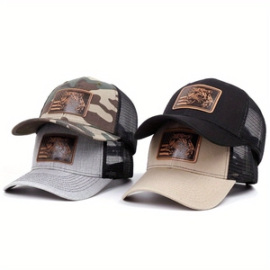 Trucker Hat Cotton Mesh Breathable Outdoor Vintage American Style Baseball Cap Tiger Leather Patch For Men Women