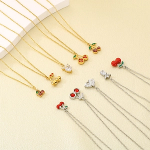 Pastoral style stainless steel necklaces with strawberry and cherry heart pendants for women