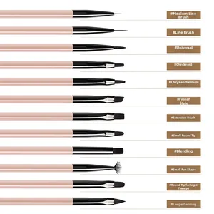 Detail view of 12 professional nail art brushes with matte pink handles and black ferrules