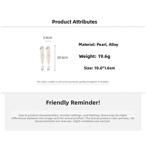 Fishbone earring detail with pearl pendant and dimensions 10.6cm by 1.6cm on white background