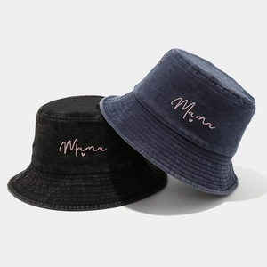 Pink Mama embroidered bucket hats in black and navy blue wash cotton fabric