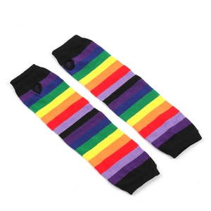 Macro shot of knitted rainbow striped arm sleeves with thumb holes on white background