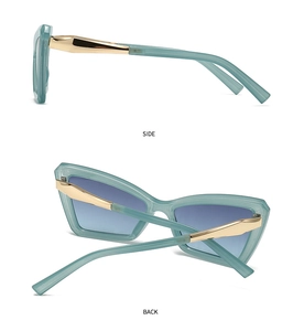 Side and back view of mint green cat-eye sunglasses with blue gradient lenses and gold trim